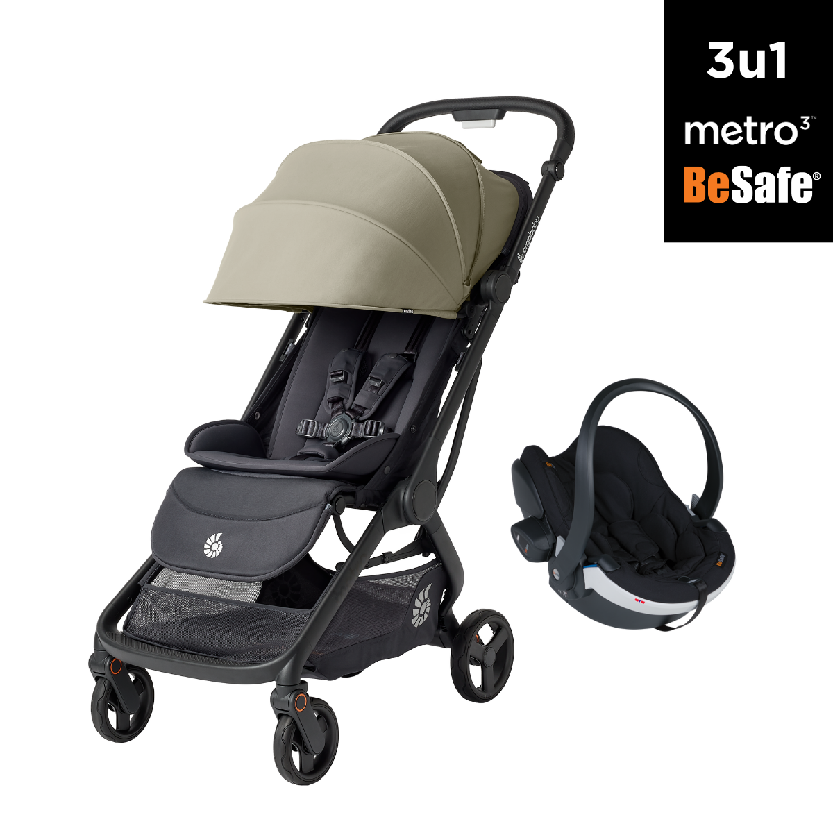 3u1 kolica Ergobaby Metro 3, Soft Olive + BeSafe iZi Go Modular X2 i-Size autosjedalica